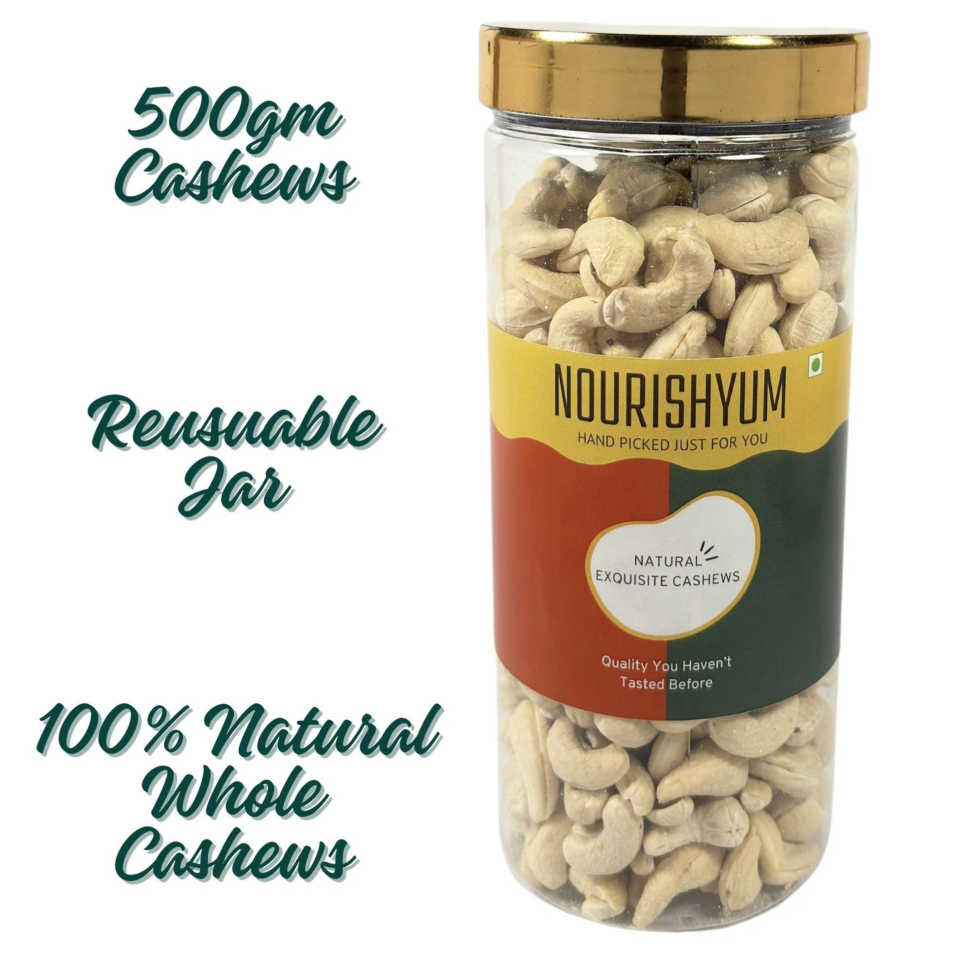 Nourishyum Premium WW320 (Grade A++) Cashews 500g With Reusable Jar | Whole Kaaju | 100% Natural King Size Kaju | Nuts & Dry Fruits | Healthy Snacks | Dry Fruit Gift Pack