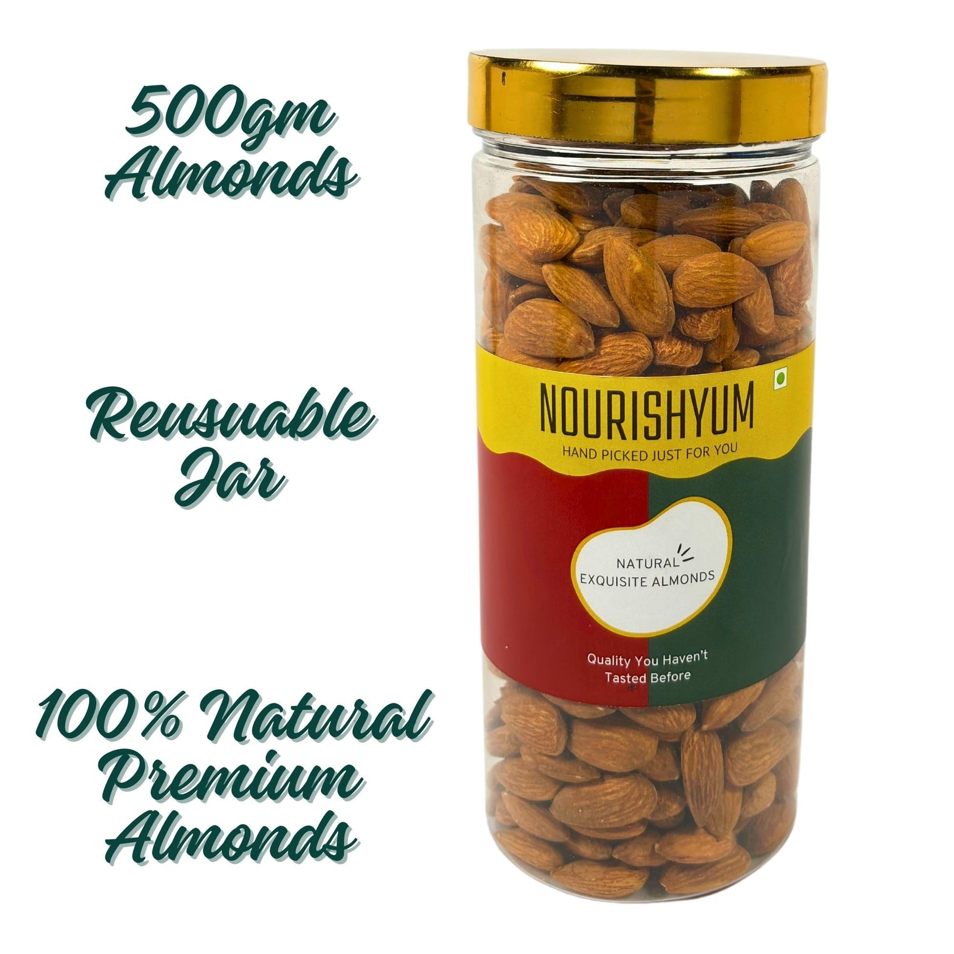 Nourishyum Premium California Almonds 500g With Reusable Jar | Badaam | 100% Natural Crunchy Badam Giri | Nuts & Dry Fruits | Healthy Snacks | Dry Fruit Gift Pack